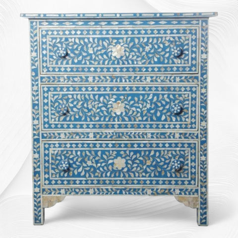 Blue Mother Of Pearl Inlay 3 Drawer Chest Floral