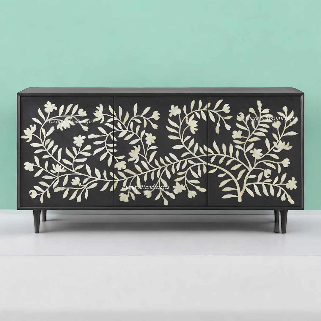 Bone Flower Media Console Black Finish Ready