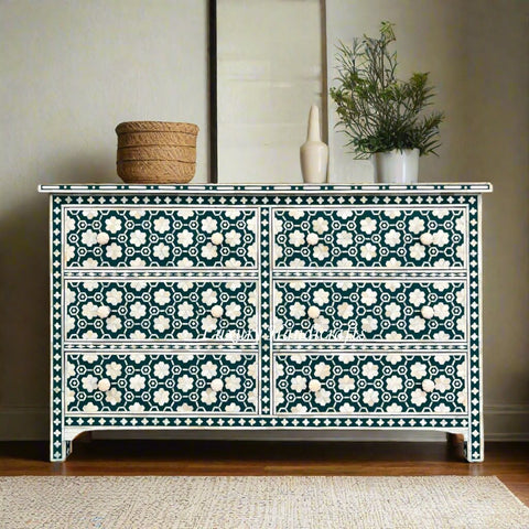 Flower Bone Inlay 6 Drawer Dresser Teal Green