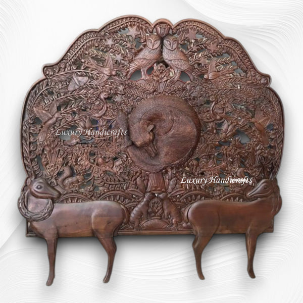 Handcarved Menagerie Deer Fox Headboard Dark Brown 1