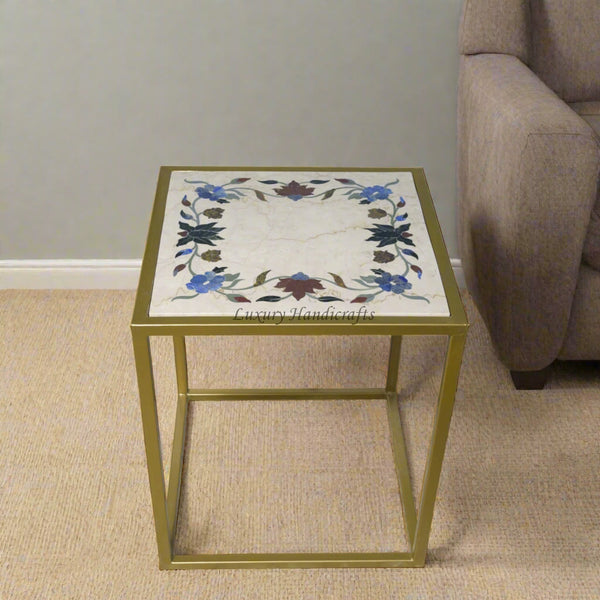 Italian Marble Side Table Floral Gemstone Inlay