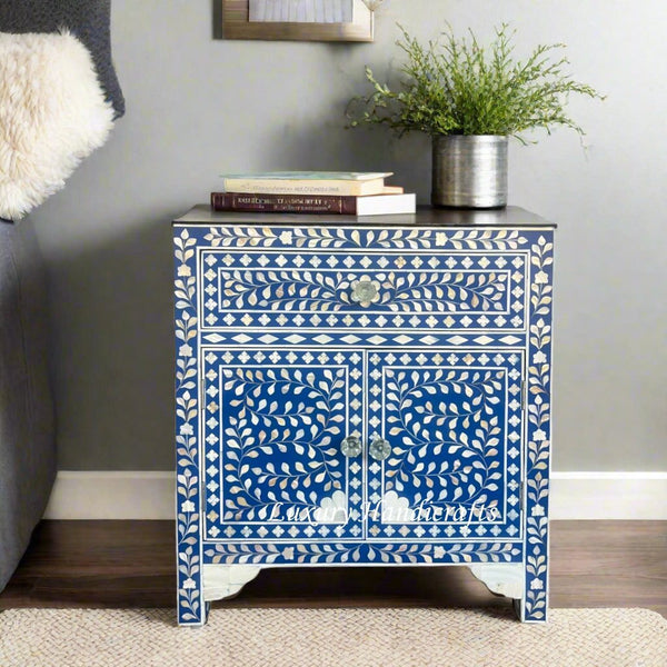 Large MOP Floral 1 Drawer 2 Door Bedside Table Blue