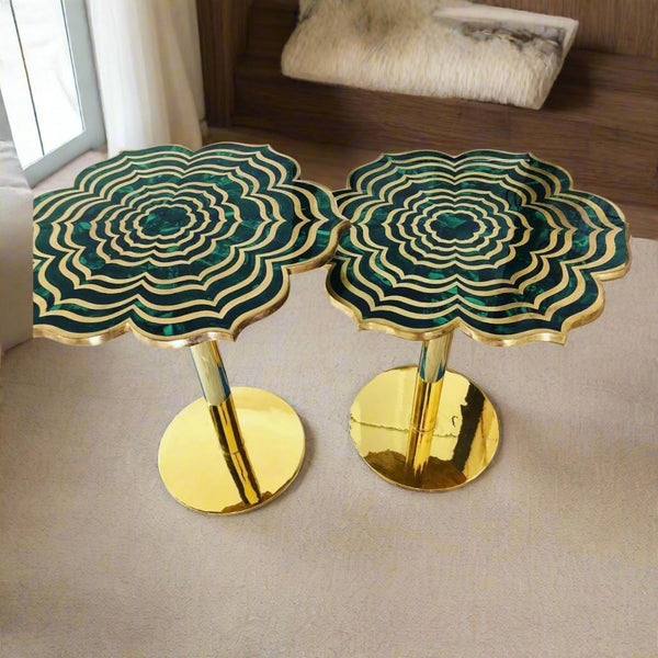 Malachite Flower Accent Table In Brass