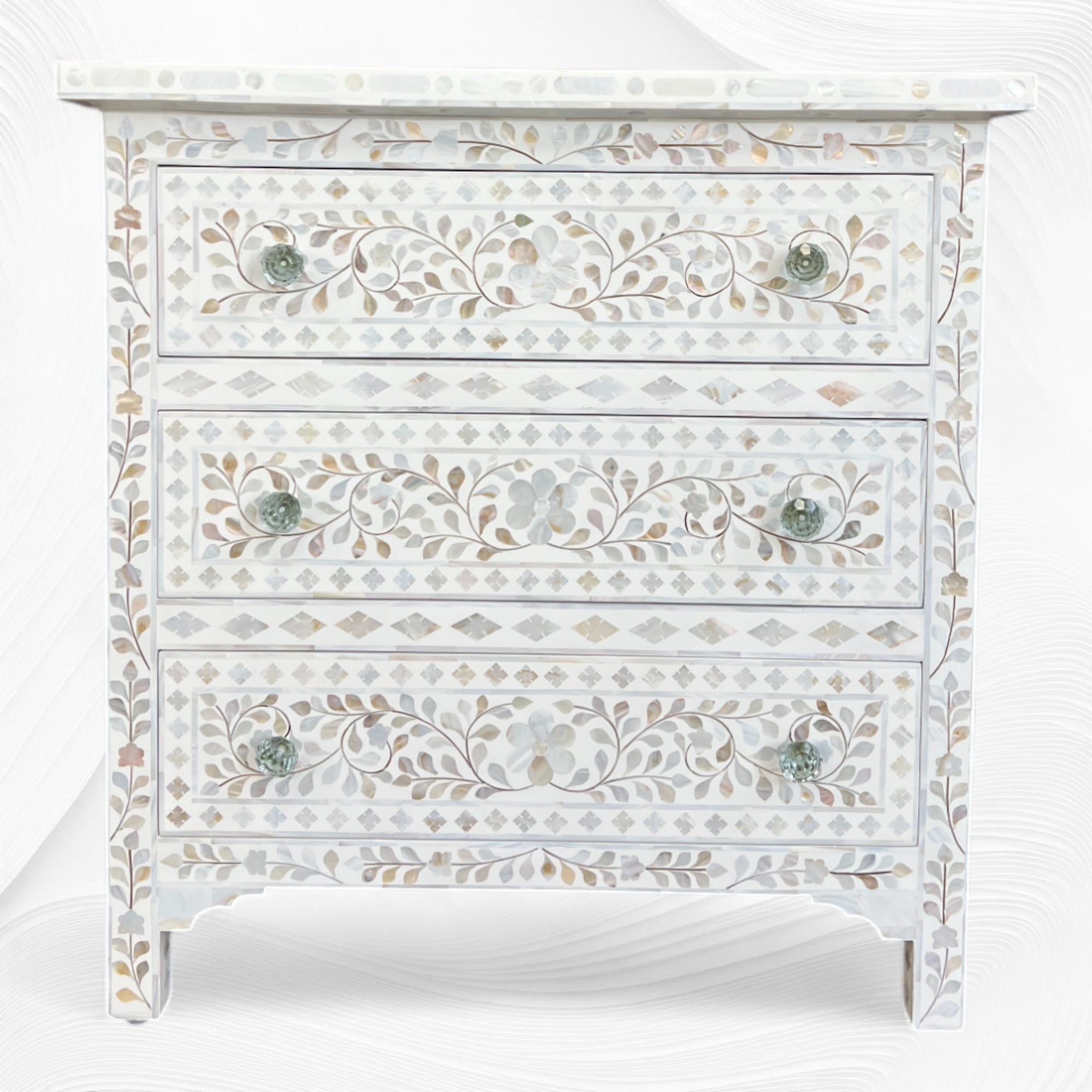 White Mother Of Pearl Inlay 3 Drawer Chest Floral