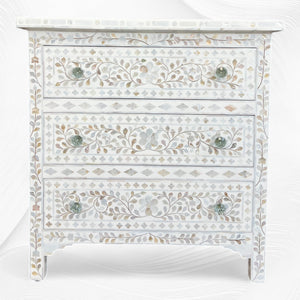 White Mother Of Pearl Inlay 3 Drawer Chest Floral