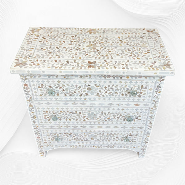 White Mother Of Pearl Inlay 3 Drawer Chest Floral 1