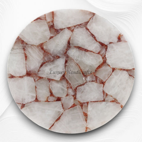 White Calcite Table Top Round Red Crystals