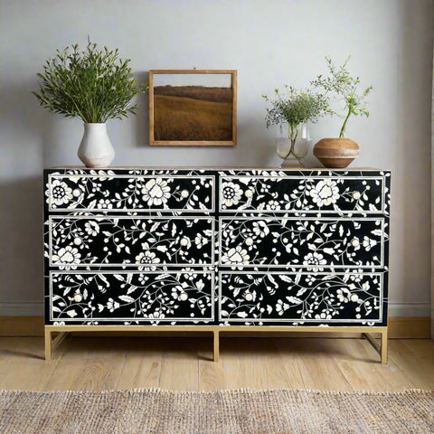 Blooming Flowers Bone Inlay Chest Black