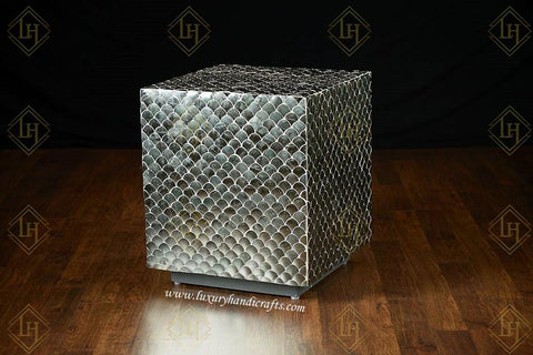 Fishscale Thikra Glass Inlay Mirror Cube Side Table