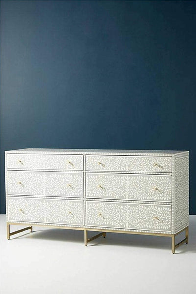 Scroll Vine Bone Inlay 6 Drawer Dresser Grey